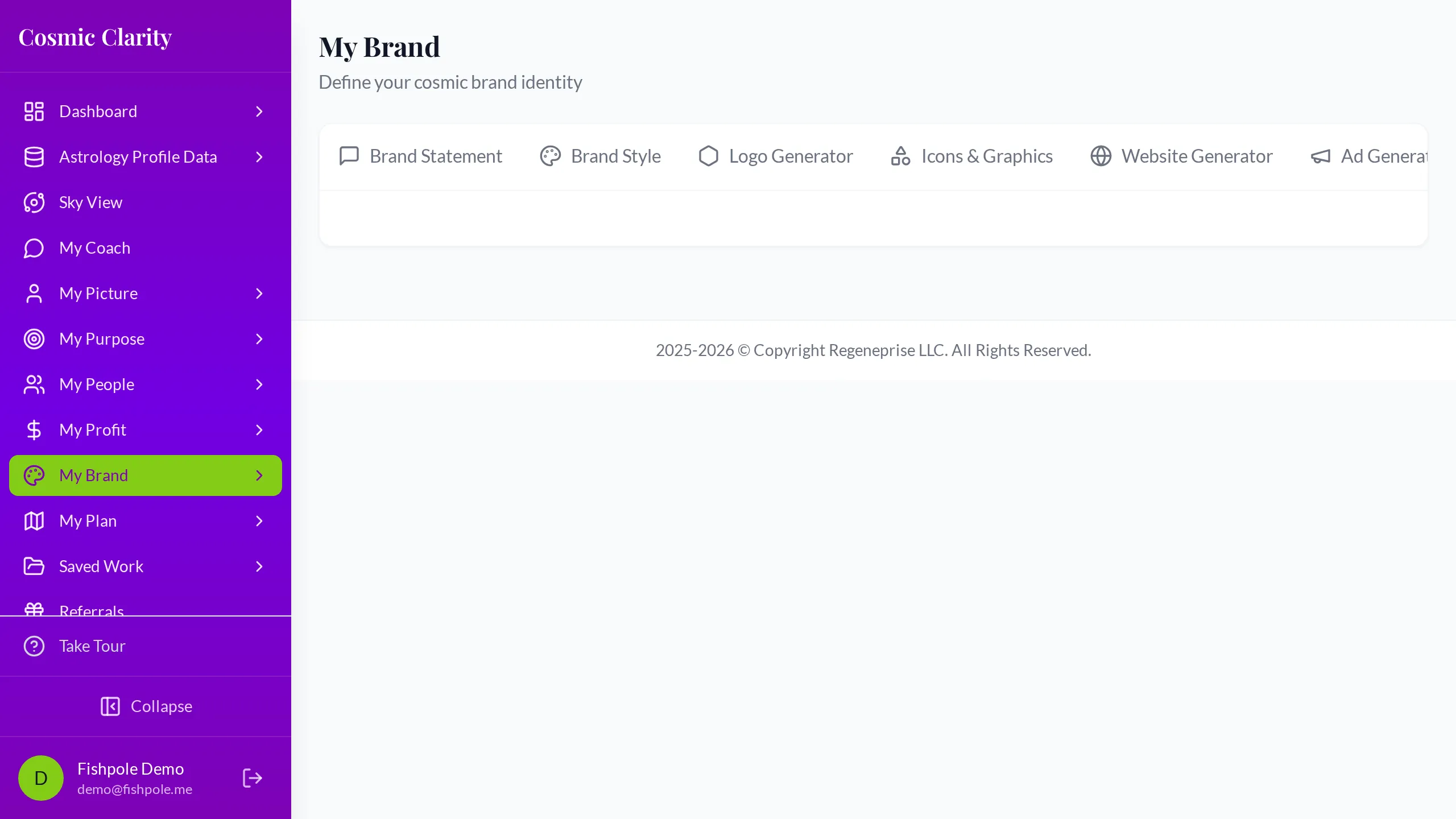 Screenshot of a brand style guide with colors and typography generated from a natal chart