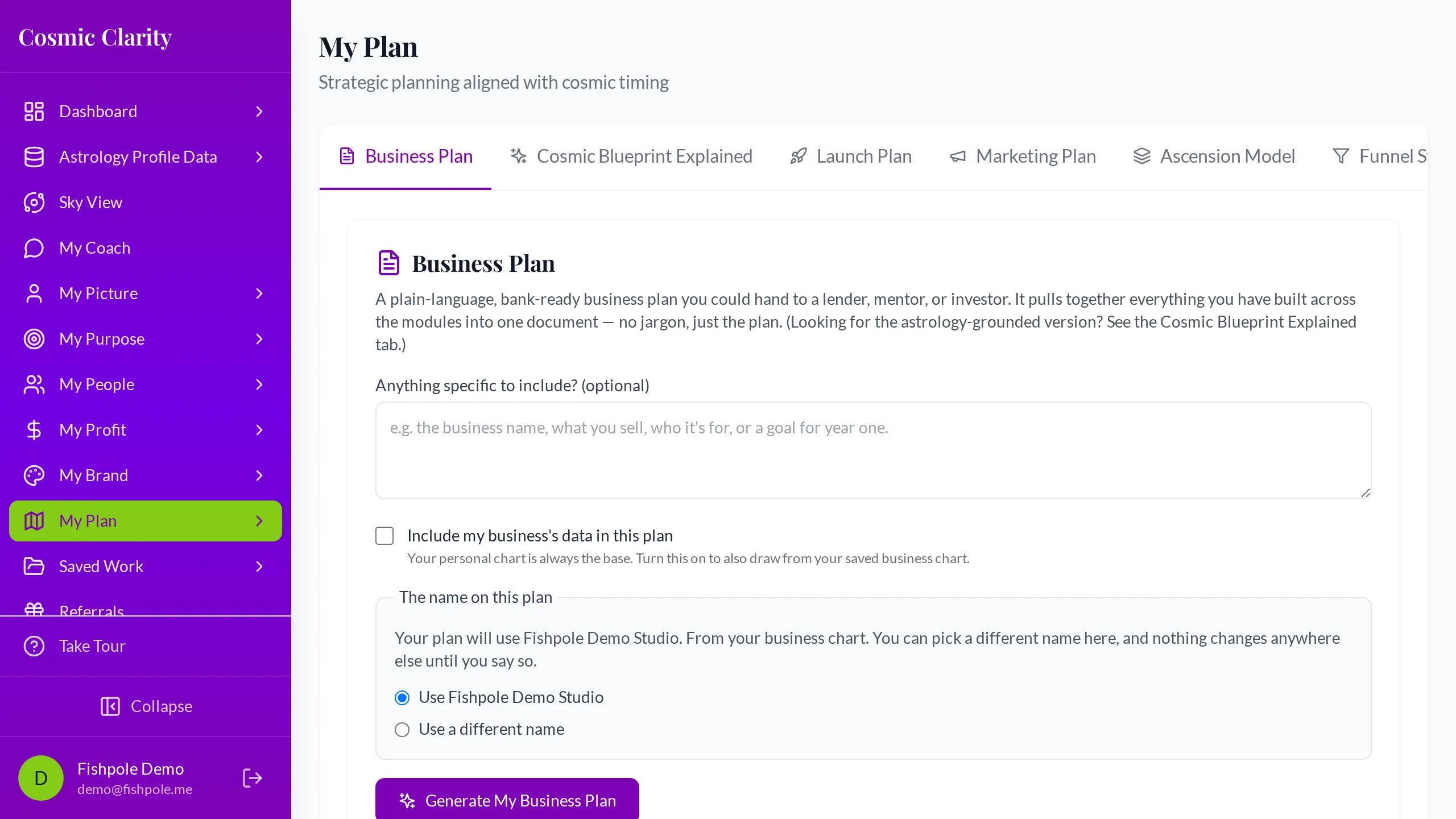 Screenshot of a generated business plan document drawn from natal chart placements